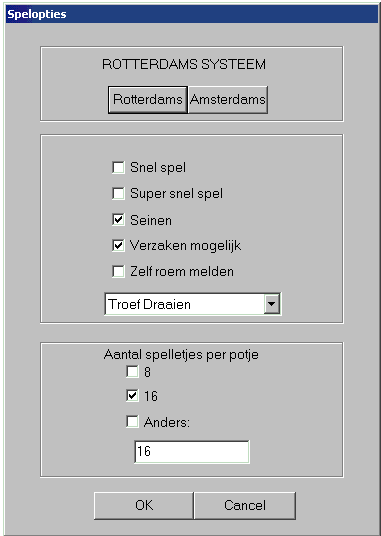Stel het systeem en de spelregels in, kies of u Amsterdams of Rotterdams wil klaverjassen en kies hoe de Troeven bepaald worden!